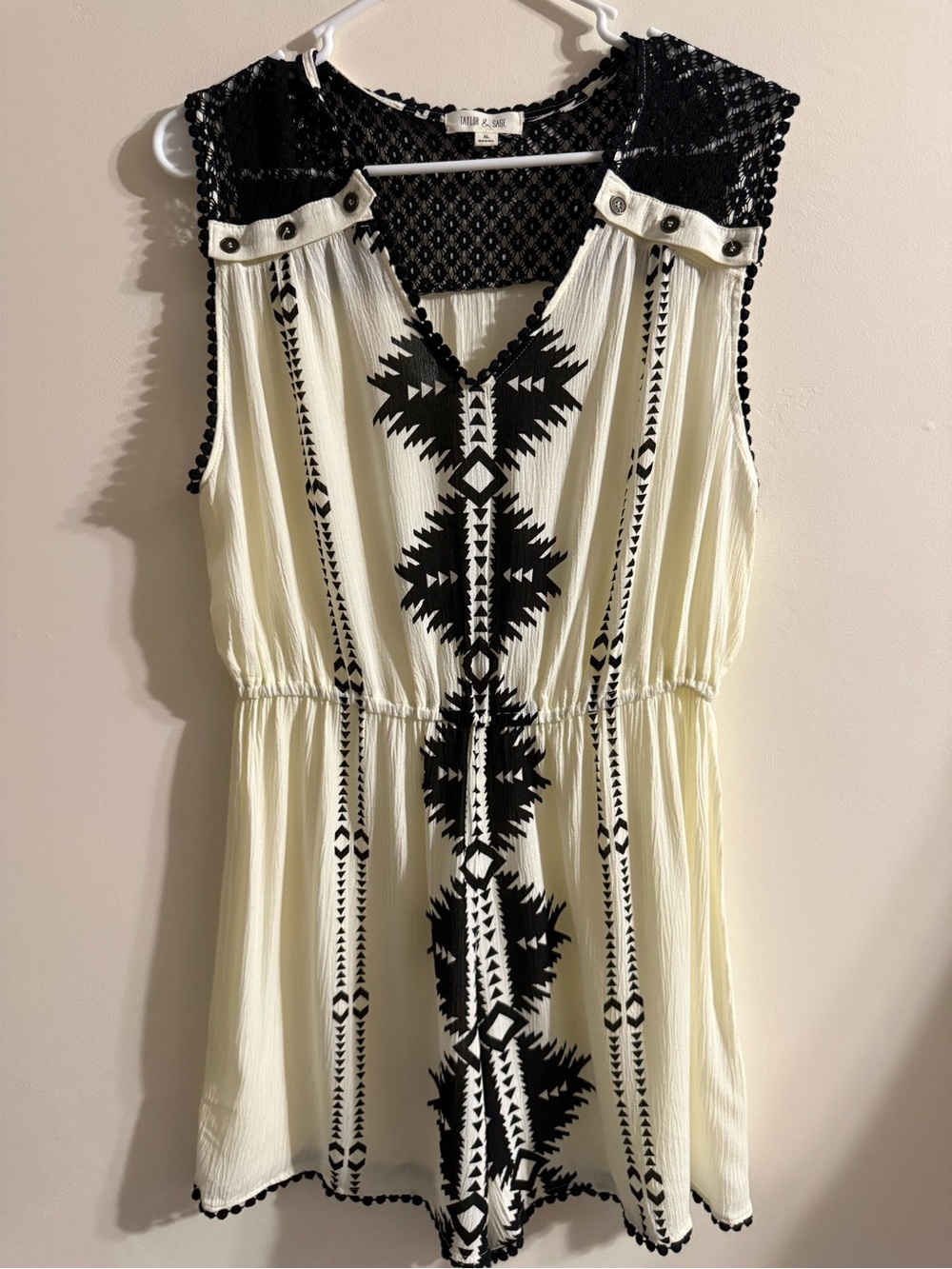Taylor & Sage Boho Sleeveless Shorts Romper- Black & Cream BOHO